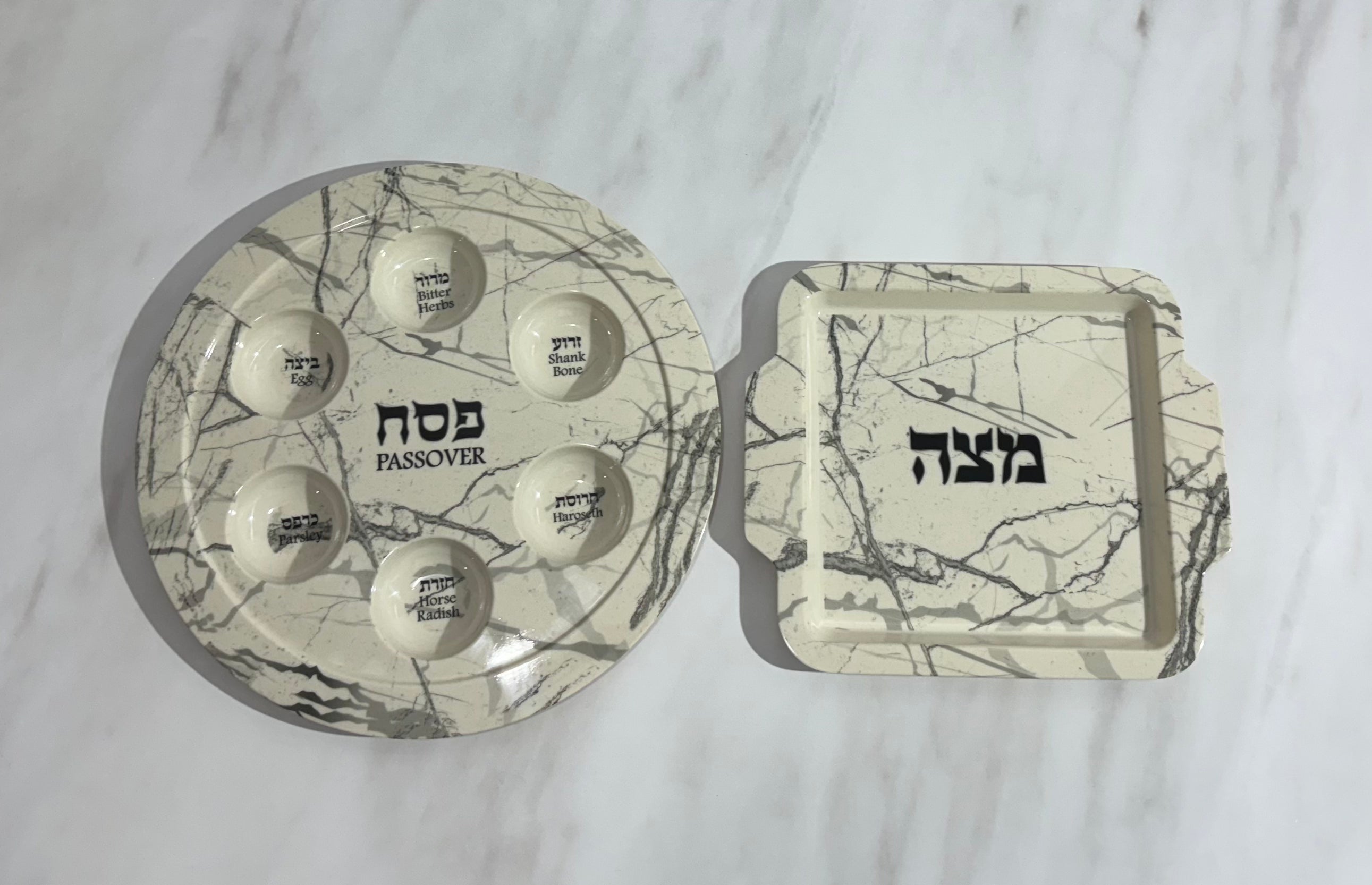 סט קערת פסח ומצה במבוק דמוי שיש לבן