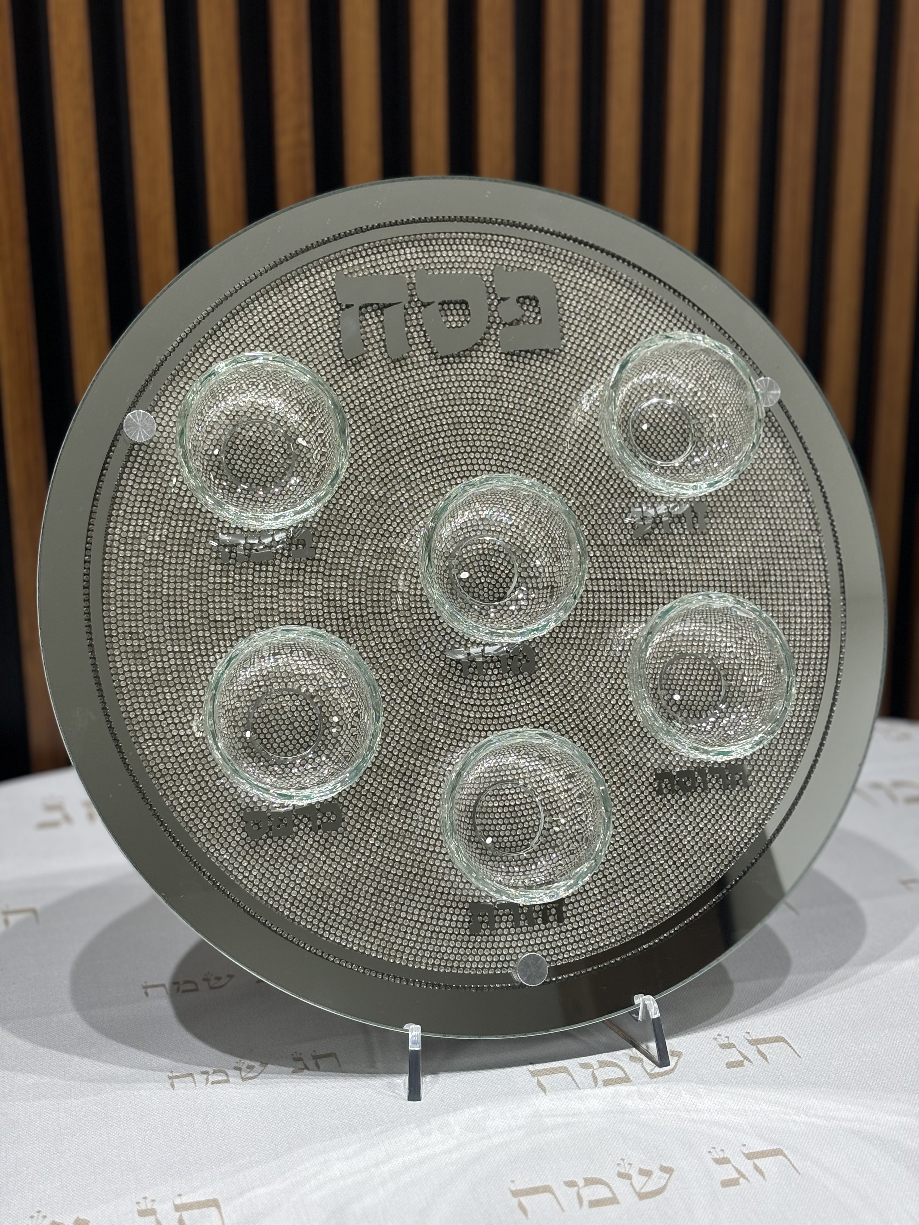 קערת פסח זכוכית מהודר עם 6 בומצים ואבנים 36 ס"מ - כסוף