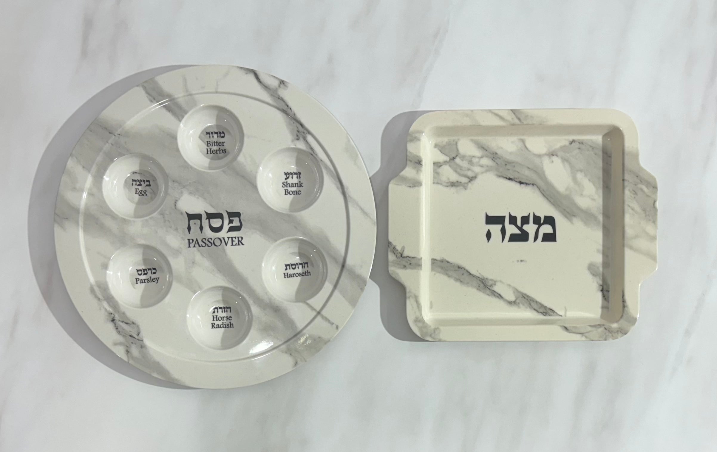 סט קערת פסח ומצה במבוק דמוי שיש אפור